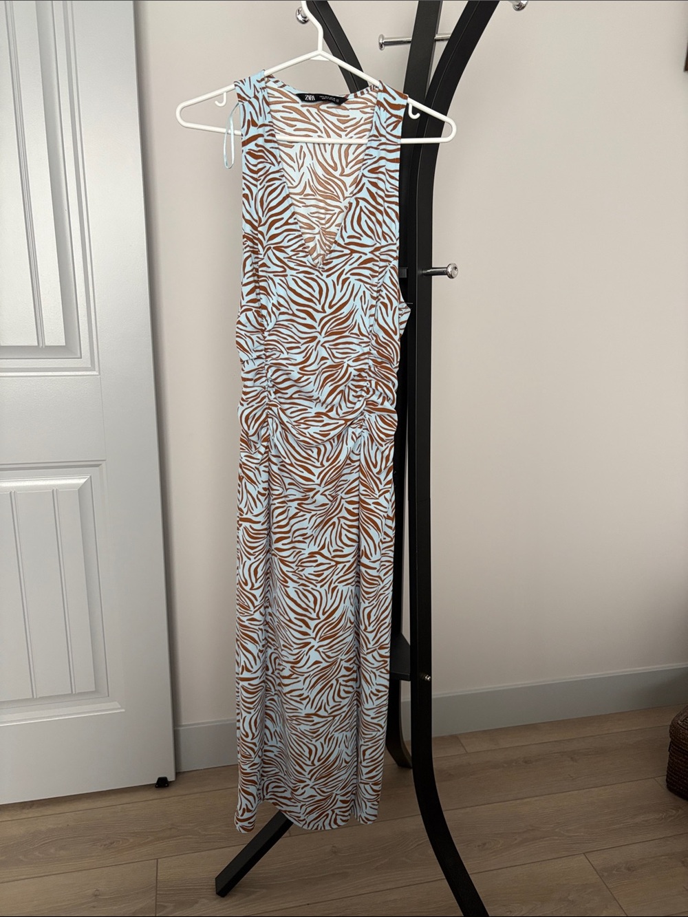 Zara Light Blue and Brown Zebra-Print Sleeveless Dress